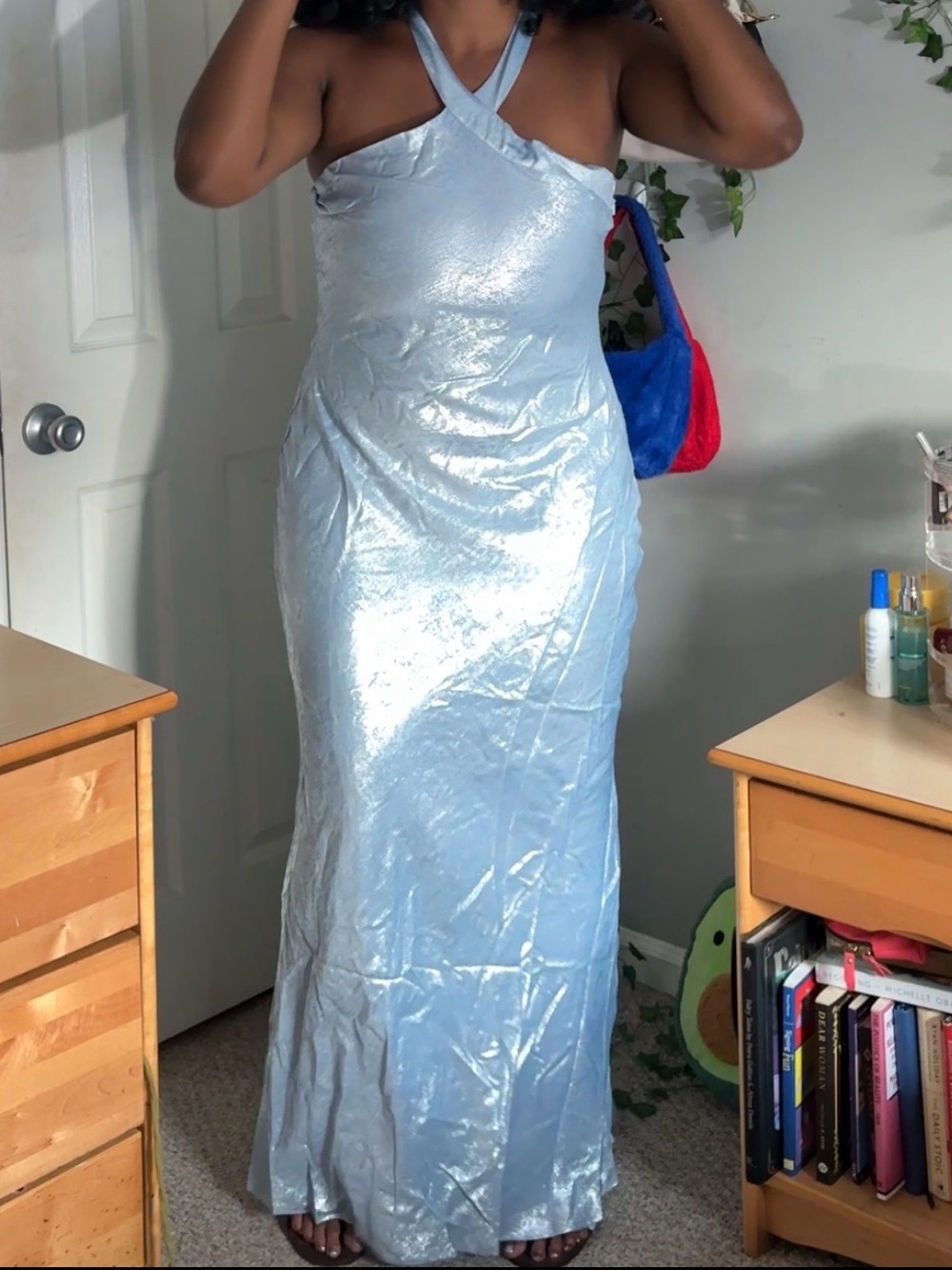 Fashion Nova Cinderella Blue Satin Halter Gown with long straps
